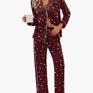 Ekouaer Burgundy Leopard Print Button Down Pajama Set